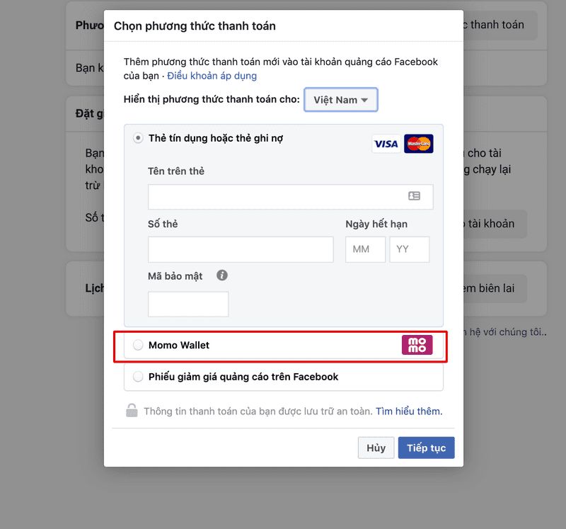 nạp tiền quảng cáo facebook bằng momo